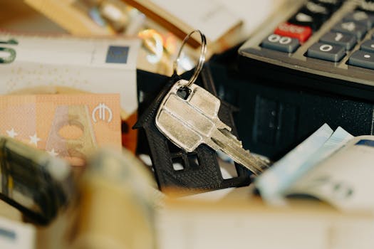 House keys rest on a keychain with euro banknotes and calculator, symbolizing real estate investment.