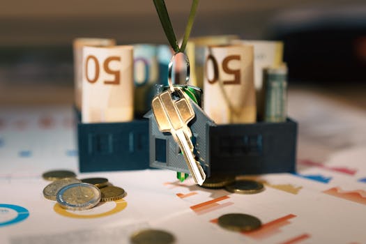 Keys hanging with money and charts, symbolizing real estate investment and financial planning.